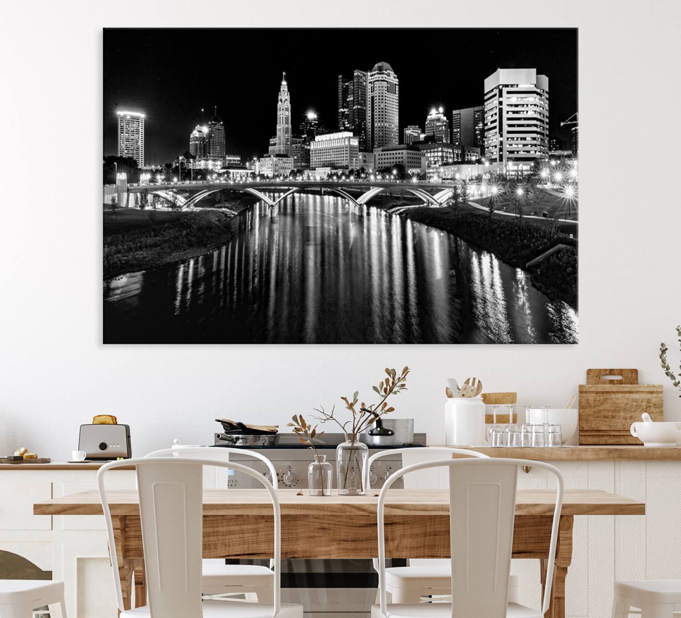 14034-MGV-CV-36X24-Columbus City Lights Skyline Black and White Wall Art Cityscape Canvas, Framed Columbus City Lights