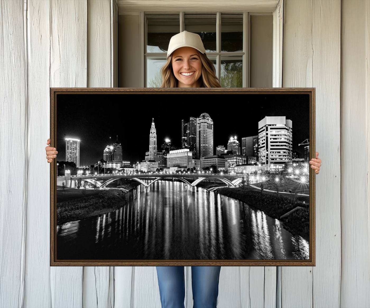 14034-MGV-CV-36X24-Columbus City Lights Skyline Black and White Wall Art Cityscape Canvas, Framed Columbus City Lights