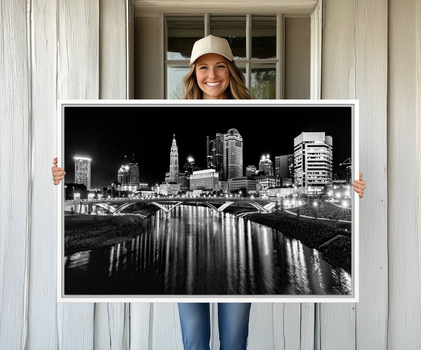 14034-MGV-CV-36X24-Columbus City Lights Skyline Black and White Wall Art Cityscape Canvas, Framed Columbus City Lights