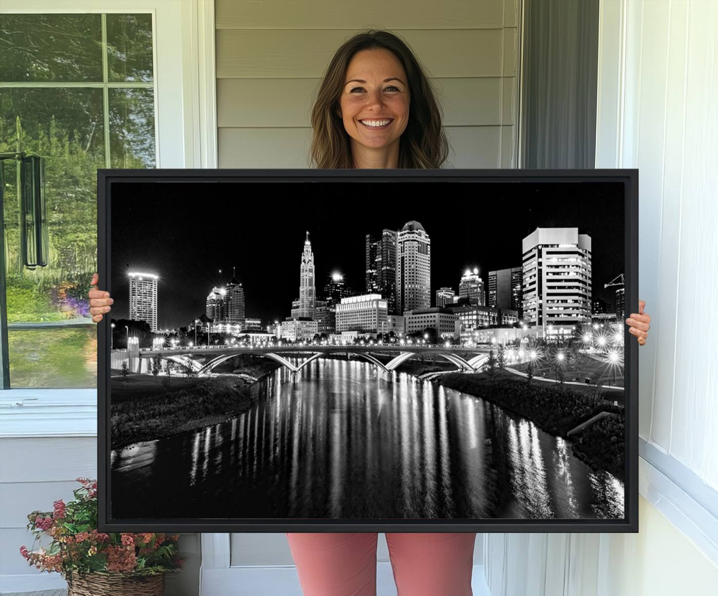 14034-MGV-CV-36X24-Columbus City Lights Skyline Black and White Wall Art Cityscape Canvas, Framed Columbus City Lights