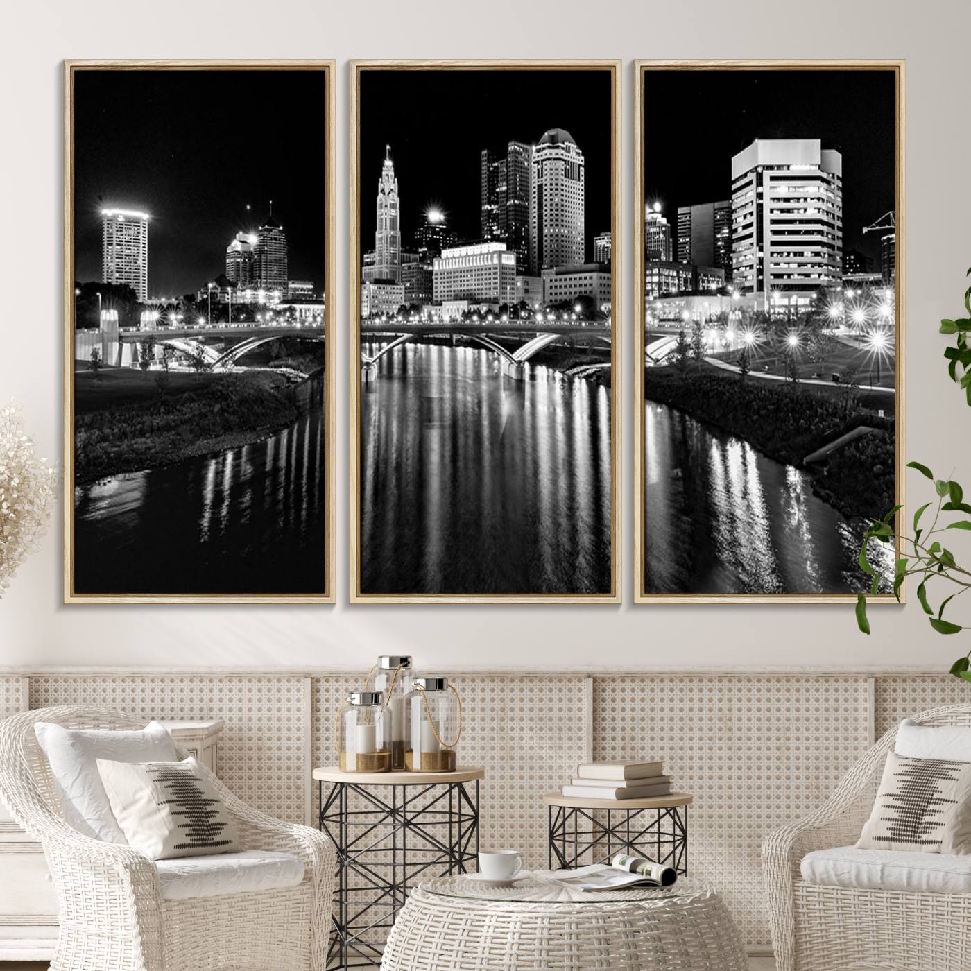 14034-MGV-CV-36X24-Columbus City Lights Skyline Black and White Wall Art Cityscape Canvas, Framed Columbus City Lights Skyline Canvas Print