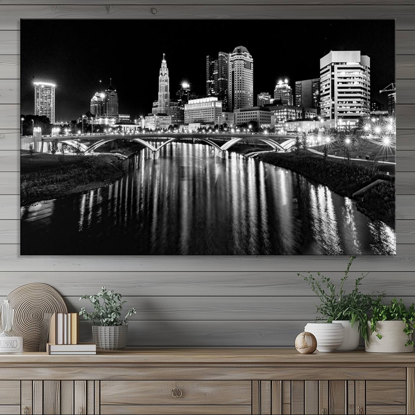 Columbus City Lights Skyline Black and White Wall Art Cityscape Canvas, Framed Columbus City Lights Skyline Canvas Print