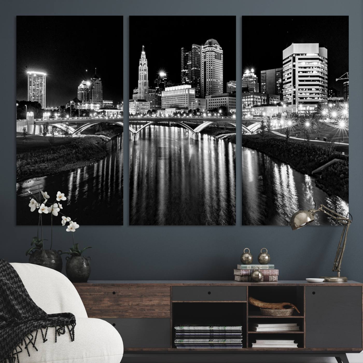 Columbus City Lights Skyline Black and White Wall Art Cityscape Canvas, Framed Columbus City Lights Skyline Canvas Print