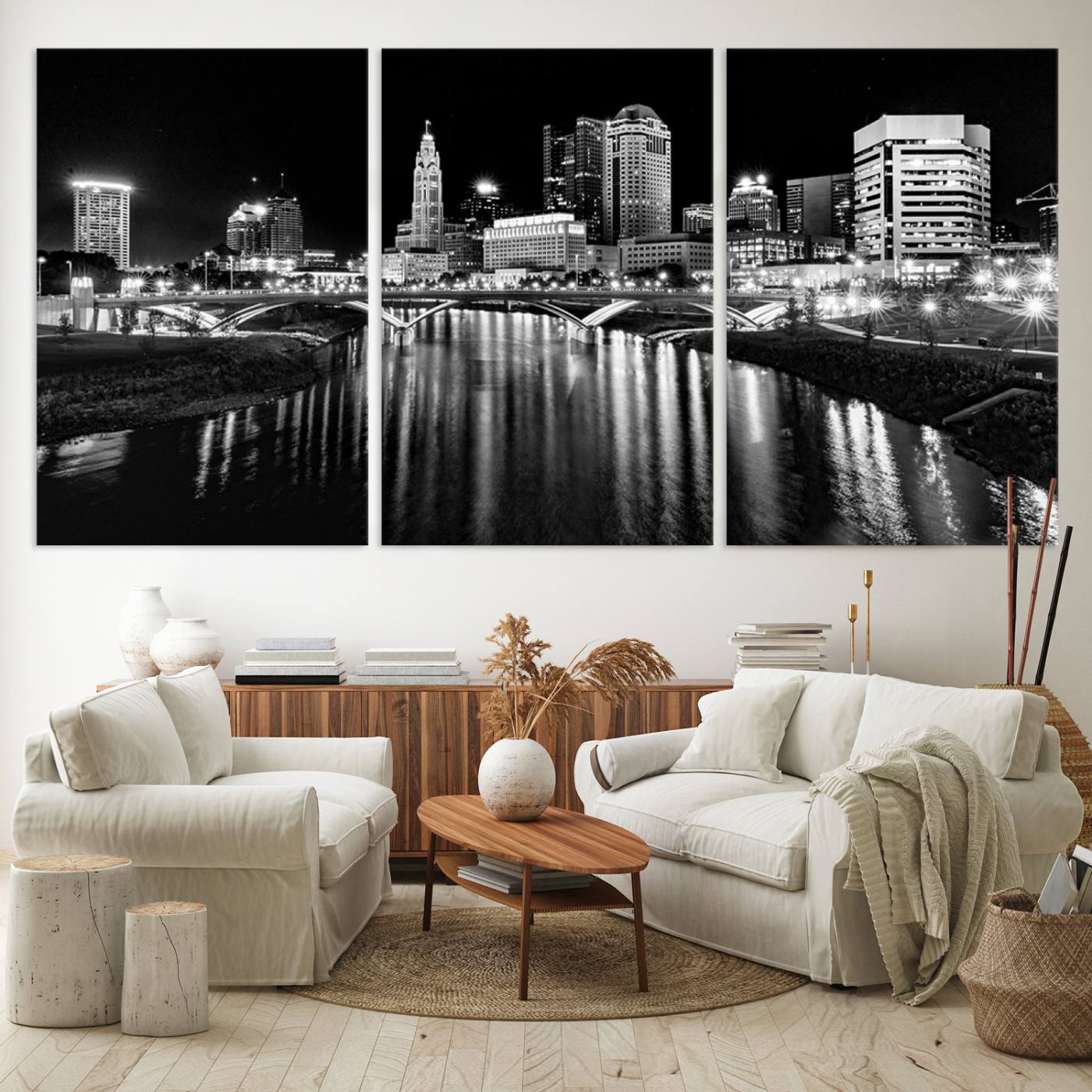 Columbus City Lights Skyline Black and White Wall Art Cityscape Canvas, Framed Columbus City Lights Skyline Canvas Print