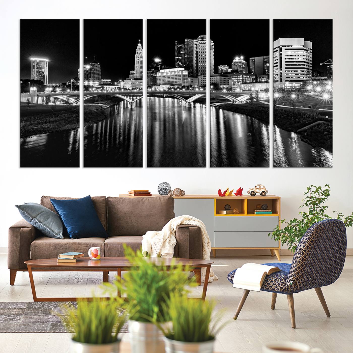 Columbus City Lights Skyline Black and White Wall Art Cityscape Canvas, Framed Columbus City Lights Skyline Canvas Print