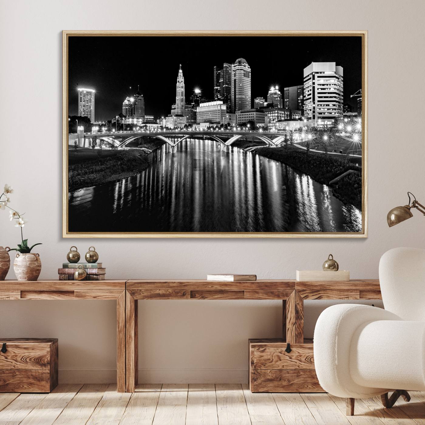 Columbus City Lights Skyline Black and White Wall Art Cityscape Canvas, Framed Columbus City Lights Skyline Canvas Print