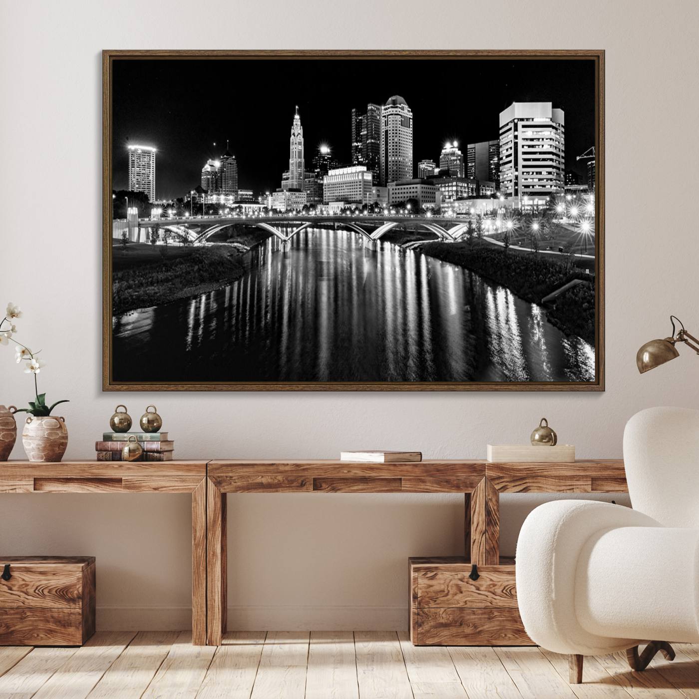 Columbus City Lights Skyline Black and White Wall Art Cityscape Canvas, Framed Columbus City Lights Skyline Canvas Print