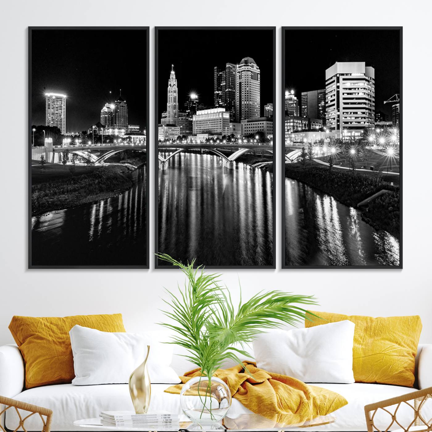 14034-MGV-FC-48X32-3P_Black-Columbus City Lights Skyline Black and White Wall Art Cityscape Canvas, Framed Columbus City Lights Skyline Canvas Print