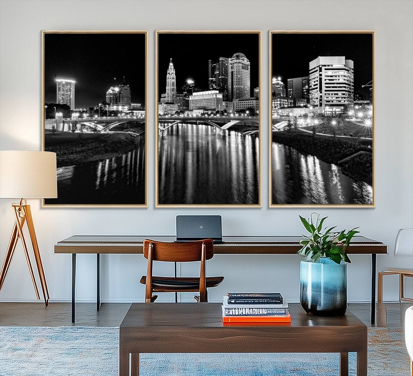 14034-MGV-FC-48X32-3P_Natural-Columbus City Lights Skyline Black and White Wall Art Cityscape Canvas, Framed Columbus City Lights