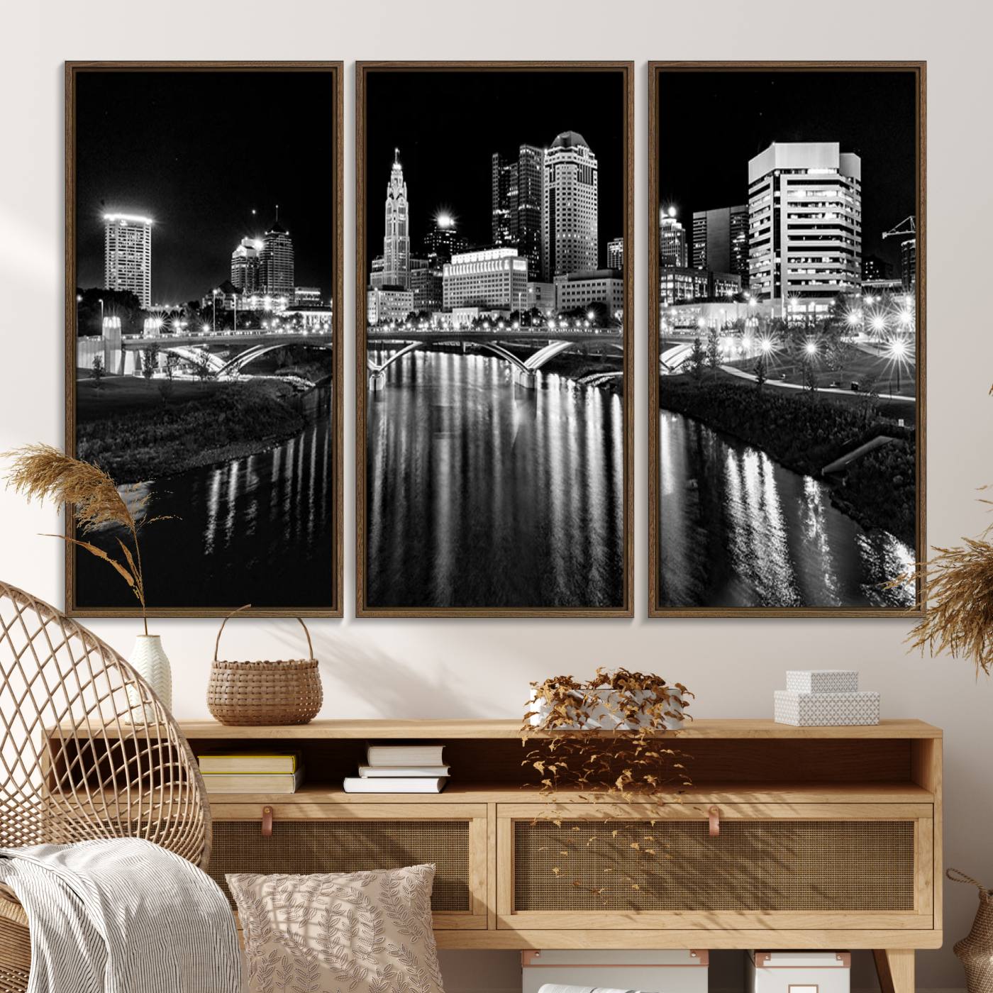 14034-MGV-FC-48X32-3P_Walnut-Columbus City Lights Skyline Black and White Wall Art Cityscape Canvas, Framed Columbus City Lights Skyline Canvas Print