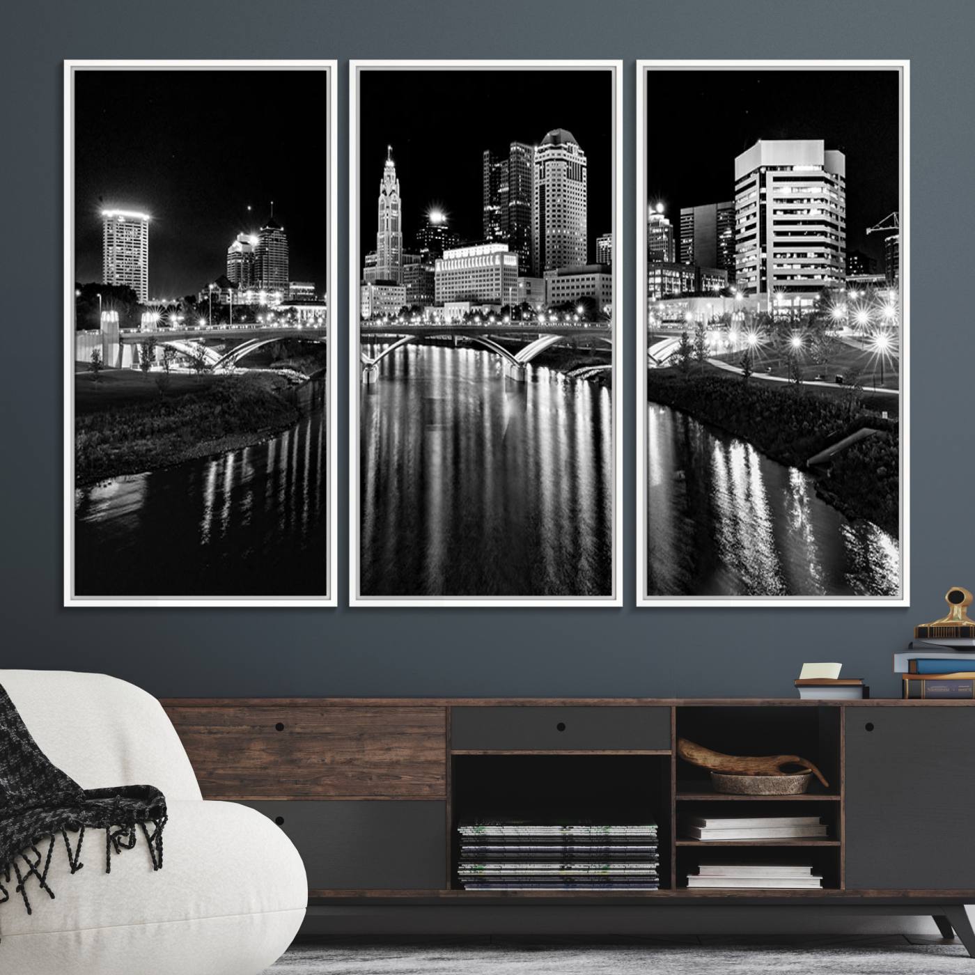 14034-MGV-FC-48X32-3P_White-Columbus City Lights Skyline Black and White Wall Art Cityscape Canvas, Framed Columbus City Lights Skyline Canvas Print