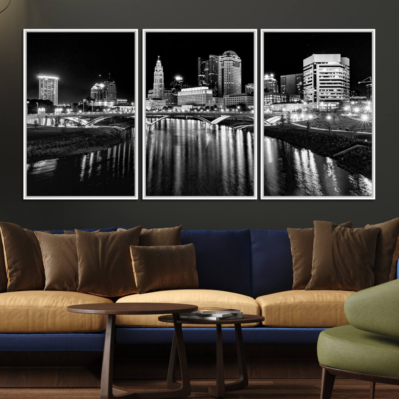 14034-MGV-FC-60X30-3P_White-Columbus City Lights Skyline Black and White Wall Art Cityscape Canvas, Framed Columbus City Lights Skyline Canvas Print