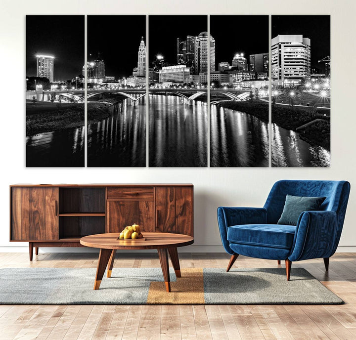 Columbus City Lights Skyline Black and White Wall Art Cityscape Canvas, Framed Columbus City Lights Skyline Canvas Print