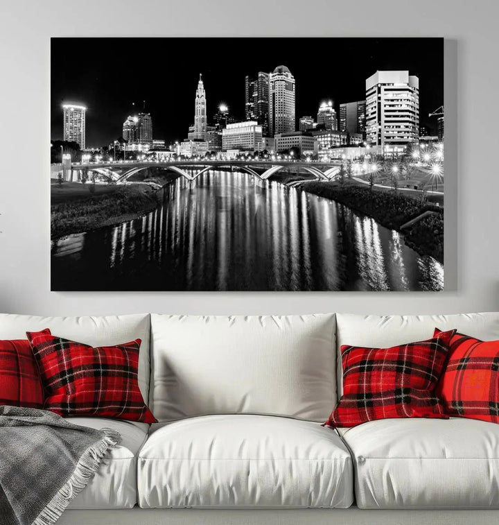 The living room showcases the Columbus City Lights Skyline Black and White Wall Art Cityscape Canvas Print.