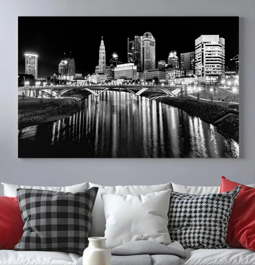 The living room showcases the Columbus City Lights Skyline Black and White Wall Art Cityscape Canvas Print.