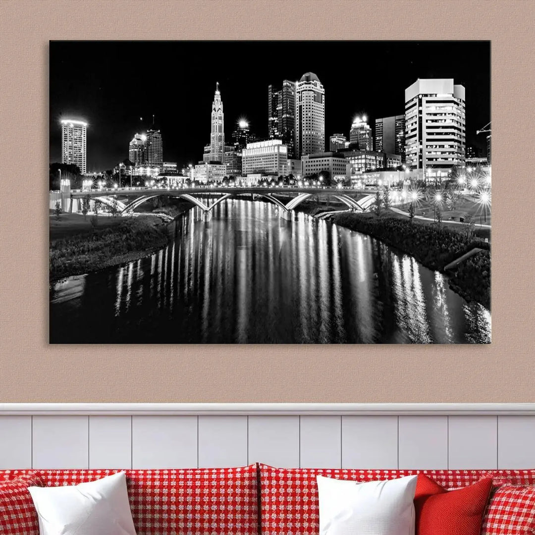 The living room showcases the Columbus City Lights Skyline Black and White Wall Art Cityscape Canvas Print.