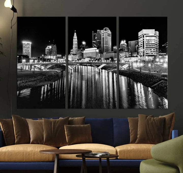 The living room showcases the Columbus City Lights Skyline Black and White Wall Art Cityscape Canvas Print.