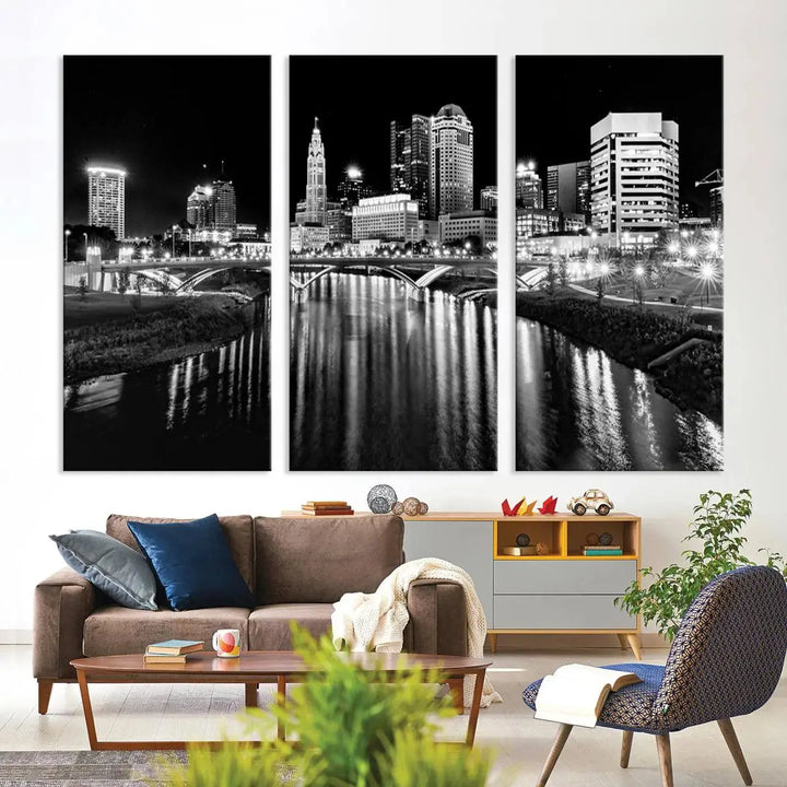 The living room showcases the Columbus City Lights Skyline Black and White Wall Art Cityscape Canvas Print.