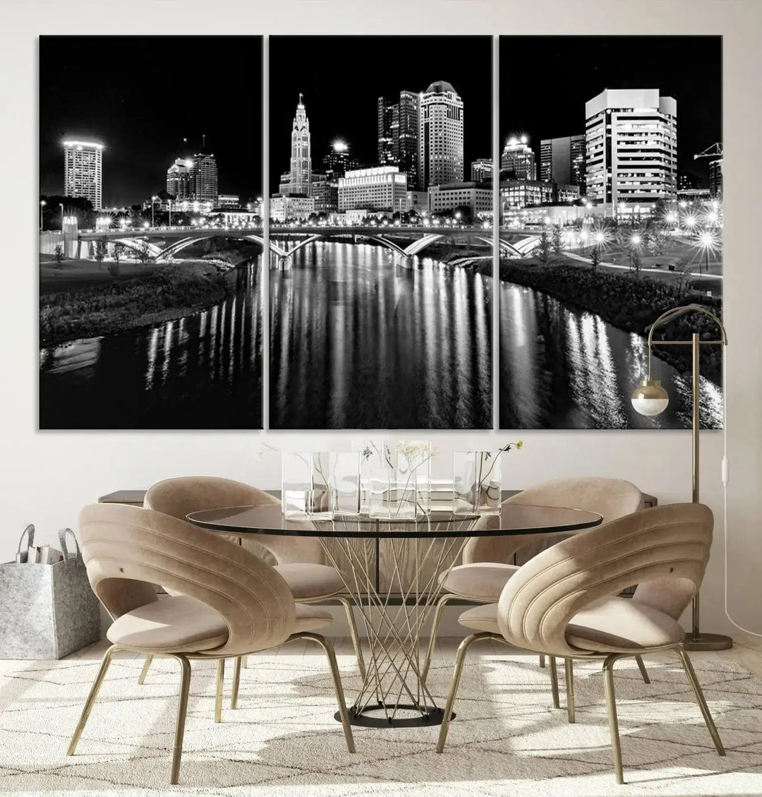 The living room showcases the Columbus City Lights Skyline Black and White Wall Art Cityscape Canvas Print.