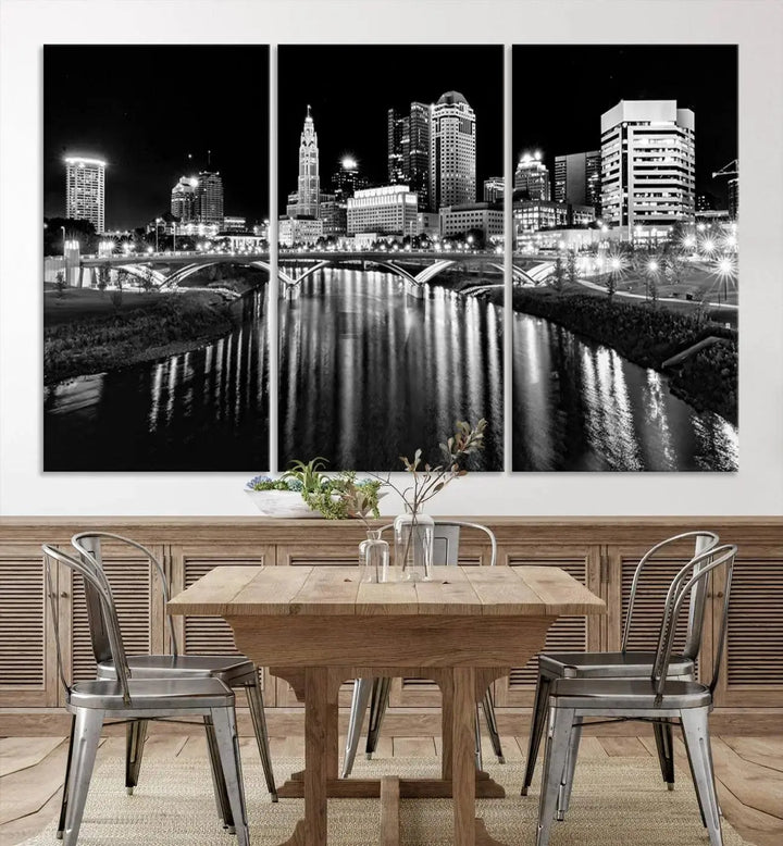 The living room showcases the Columbus City Lights Skyline Black and White Wall Art Cityscape Canvas Print.