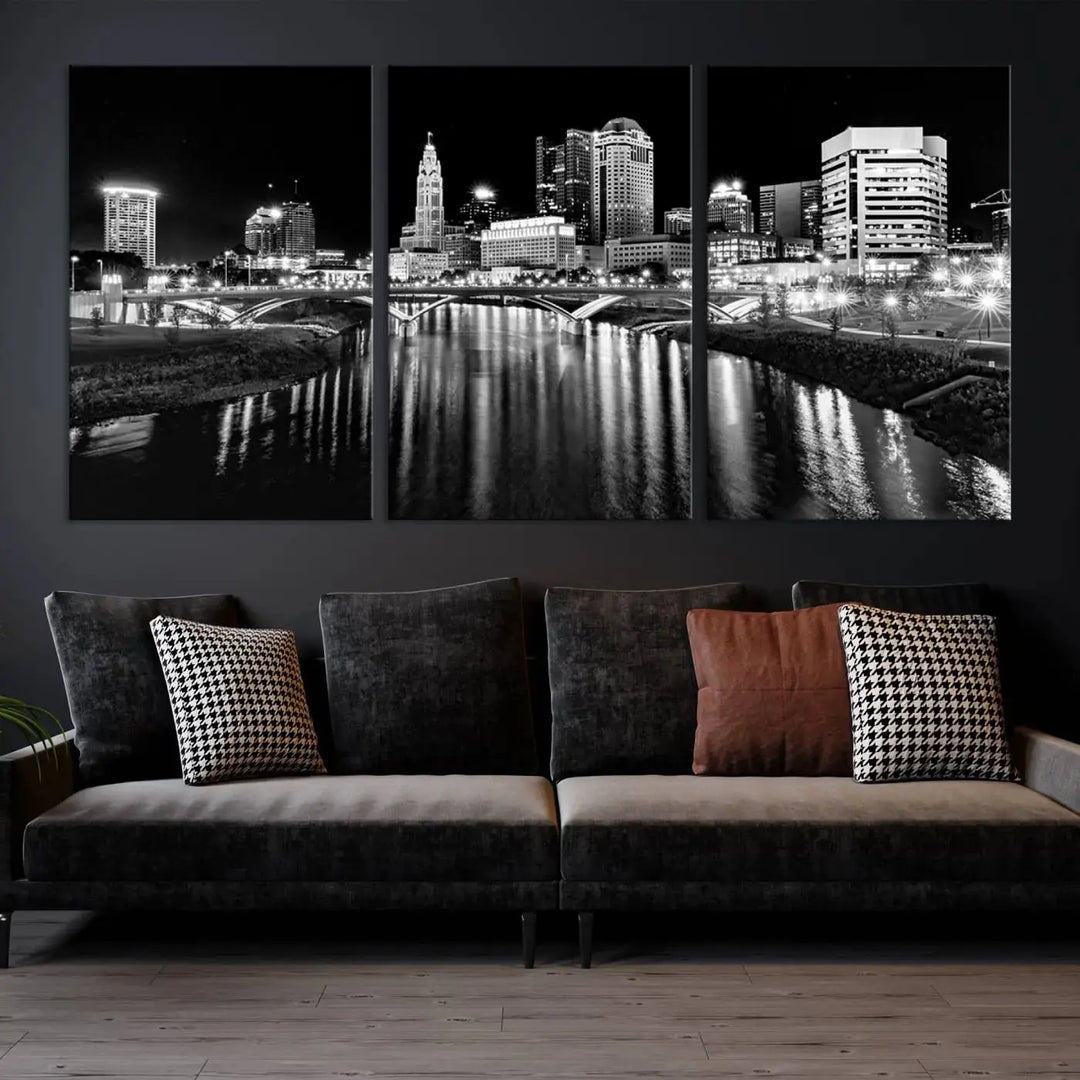 The living room showcases the Columbus City Lights Skyline Black and White Wall Art Cityscape Canvas Print.