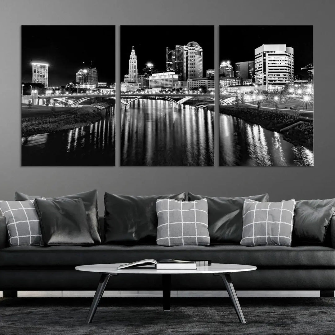 The living room showcases the Columbus City Lights Skyline Black and White Wall Art Cityscape Canvas Print.