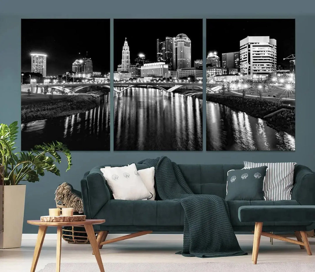 The living room showcases the Columbus City Lights Skyline Black and White Wall Art Cityscape Canvas Print.