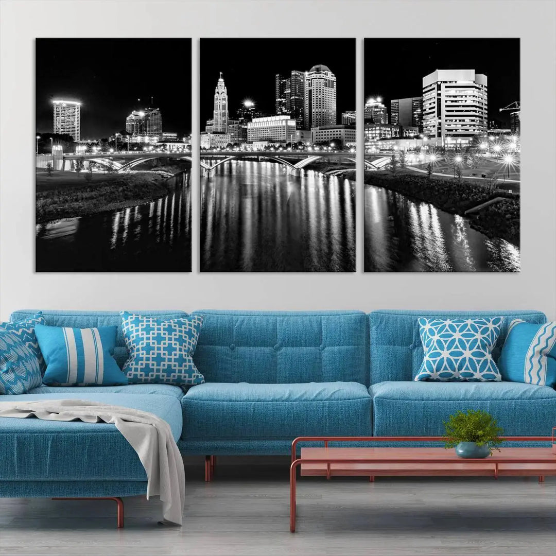 The living room showcases the Columbus City Lights Skyline Black and White Wall Art Cityscape Canvas Print.