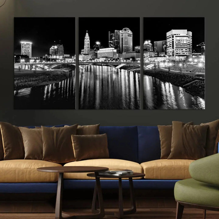 The living room showcases the Columbus City Lights Skyline Black and White Wall Art Cityscape Canvas Print.