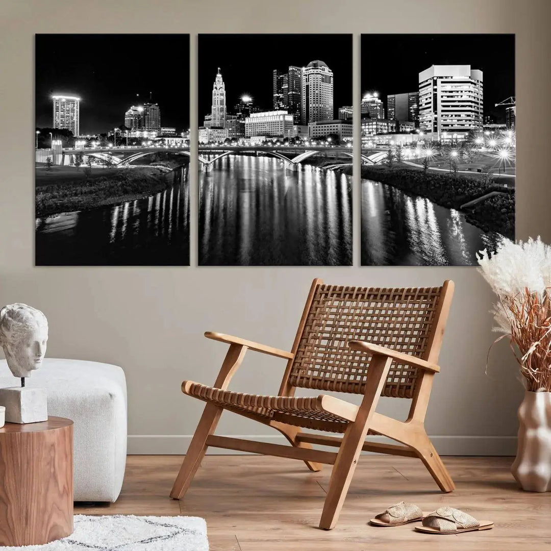 The living room showcases the Columbus City Lights Skyline Black and White Wall Art Cityscape Canvas Print.