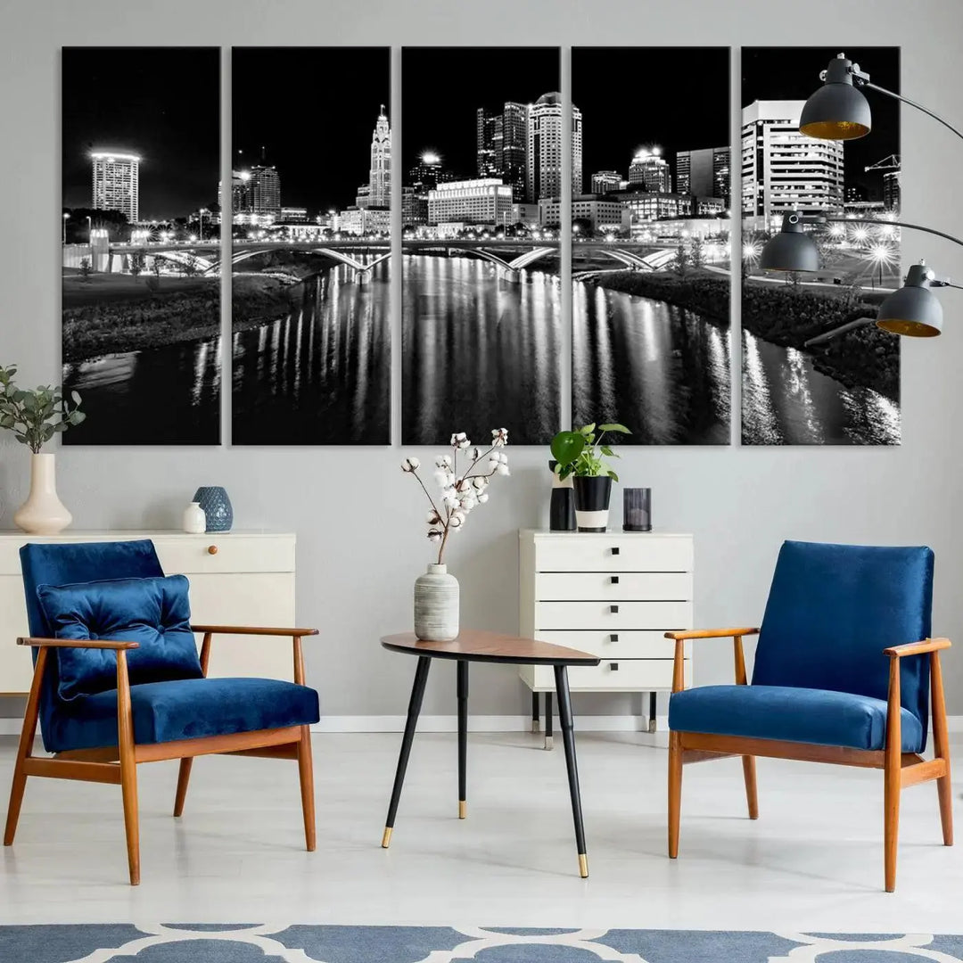 The living room showcases the Columbus City Lights Skyline Black and White Wall Art Cityscape Canvas Print.