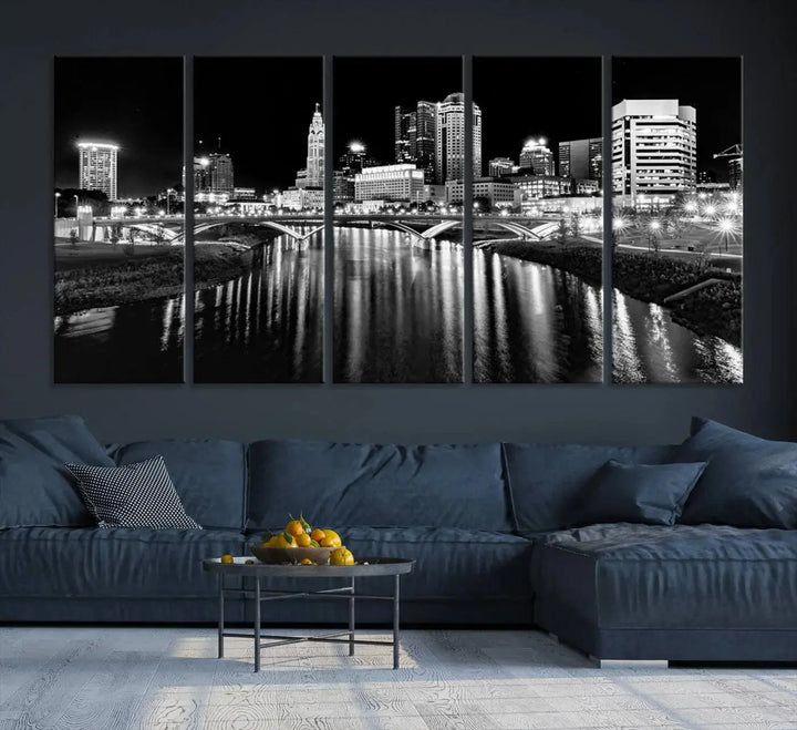 The living room showcases the Columbus City Lights Skyline Black and White Wall Art Cityscape Canvas Print.