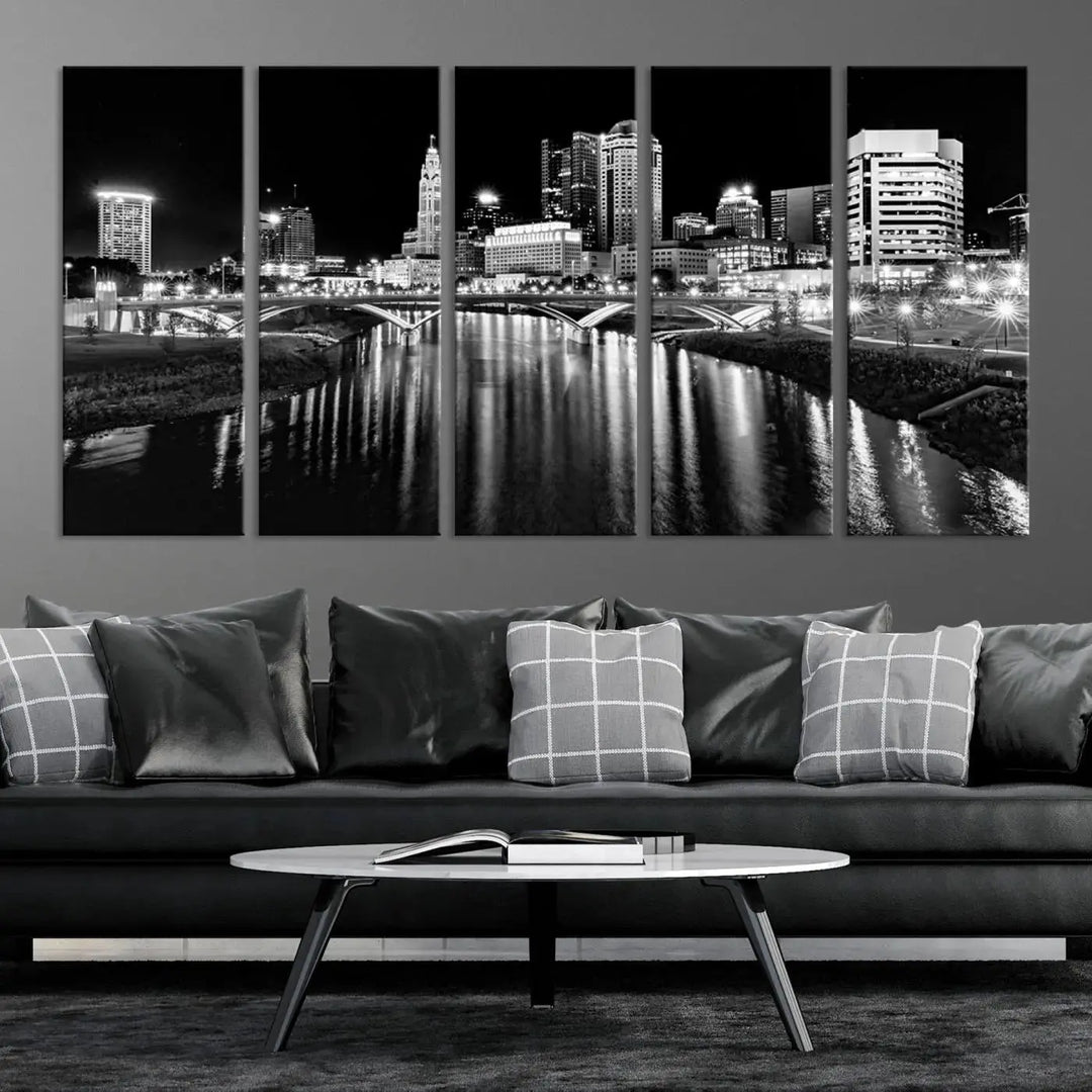 The living room showcases the Columbus City Lights Skyline Black and White Wall Art Cityscape Canvas Print.