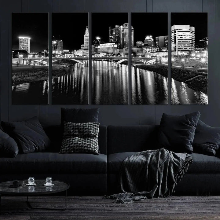 The living room showcases the Columbus City Lights Skyline Black and White Wall Art Cityscape Canvas Print.