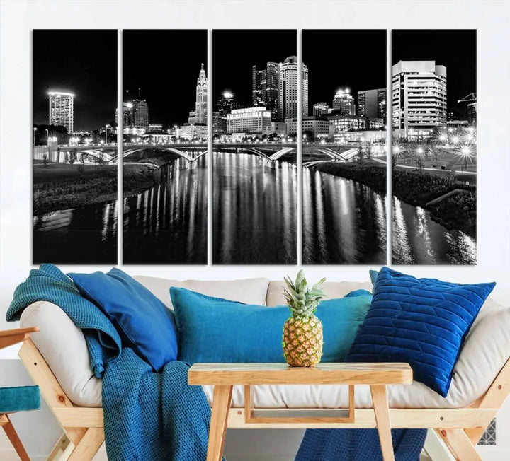 The living room showcases the Columbus City Lights Skyline Black and White Wall Art Cityscape Canvas Print.