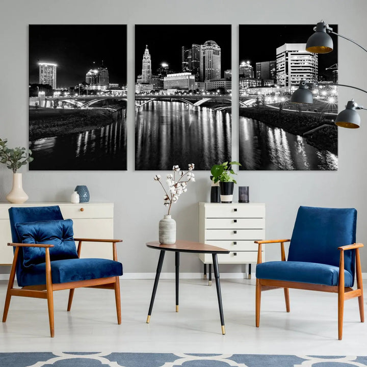 The living room features a Columbus City Lights Skyline Black and White Wall Art Cityscape Canvas Print, framed in hand-assembled frames.