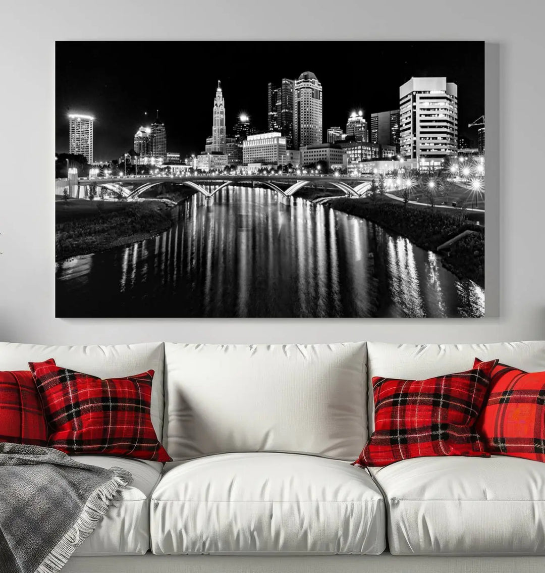 The living room features a Columbus City Lights Skyline Black and White Wall Art Cityscape Canvas Print, framed in hand-assembled frames.