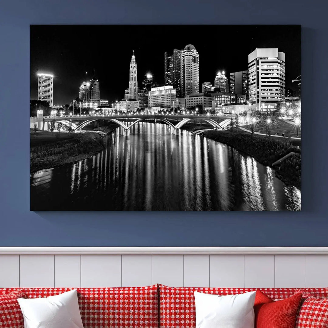 The living room features a Columbus City Lights Skyline Black and White Wall Art Cityscape Canvas Print, framed in hand-assembled frames.