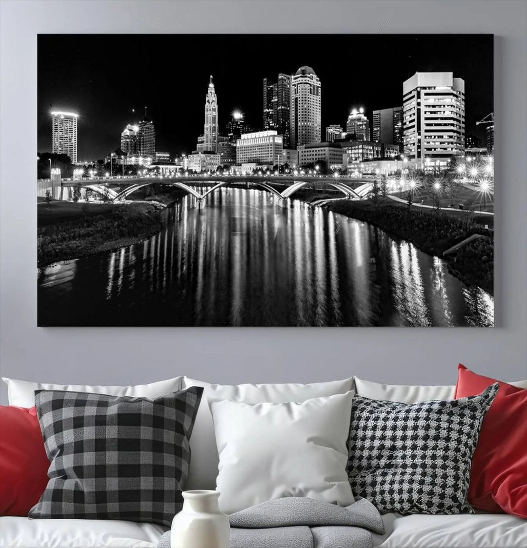 The living room features a Columbus City Lights Skyline Black and White Wall Art Cityscape Canvas Print, framed in hand-assembled frames.