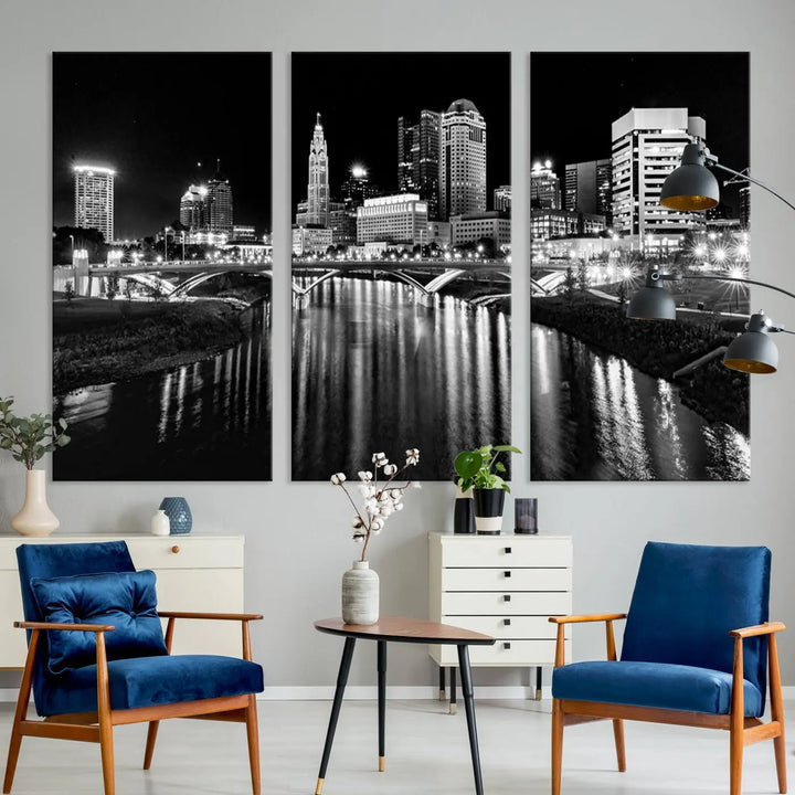 The living room features a Columbus City Lights Skyline Black and White Wall Art Cityscape Canvas Print, framed in hand-assembled frames.