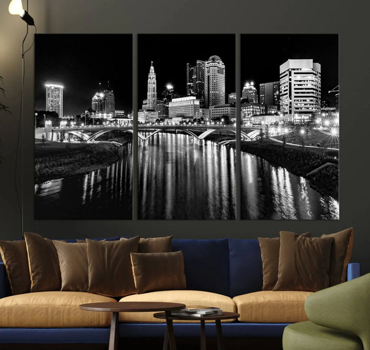 The living room features a Columbus City Lights Skyline Black and White Wall Art Cityscape Canvas Print, framed in hand-assembled frames.