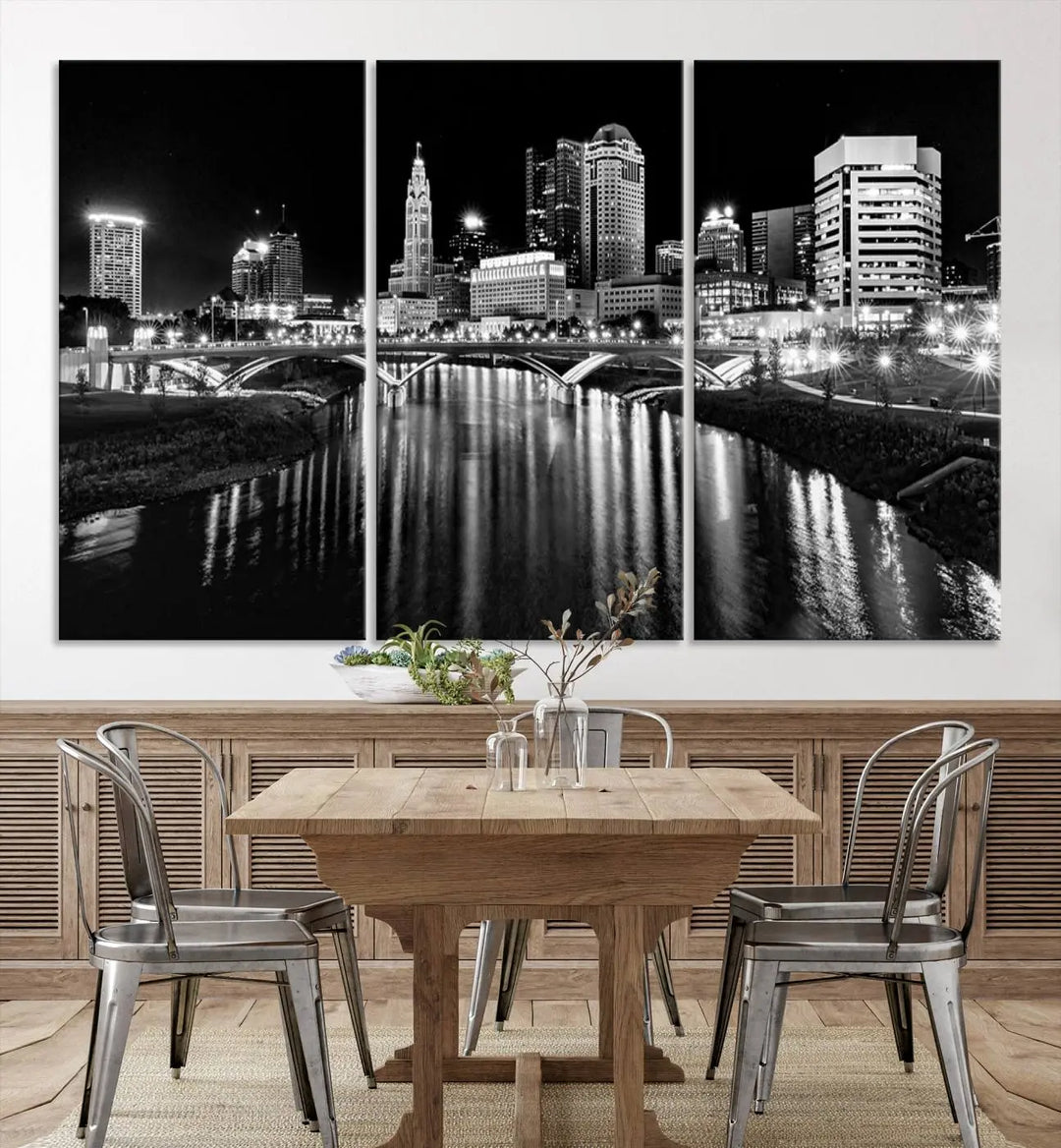 The living room features a Columbus City Lights Skyline Black and White Wall Art Cityscape Canvas Print, framed in hand-assembled frames.