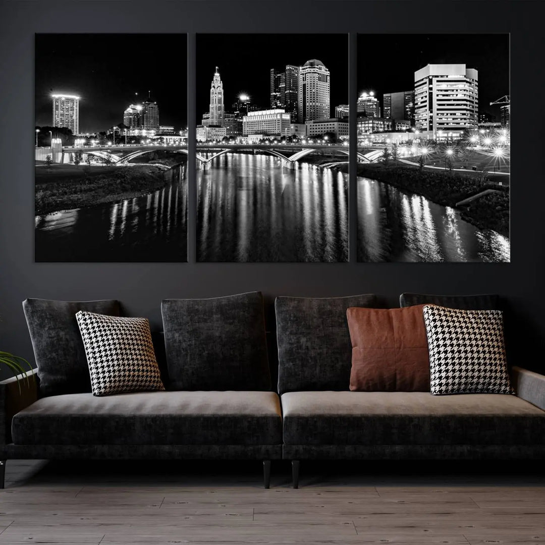 The living room features a Columbus City Lights Skyline Black and White Wall Art Cityscape Canvas Print, framed in hand-assembled frames.