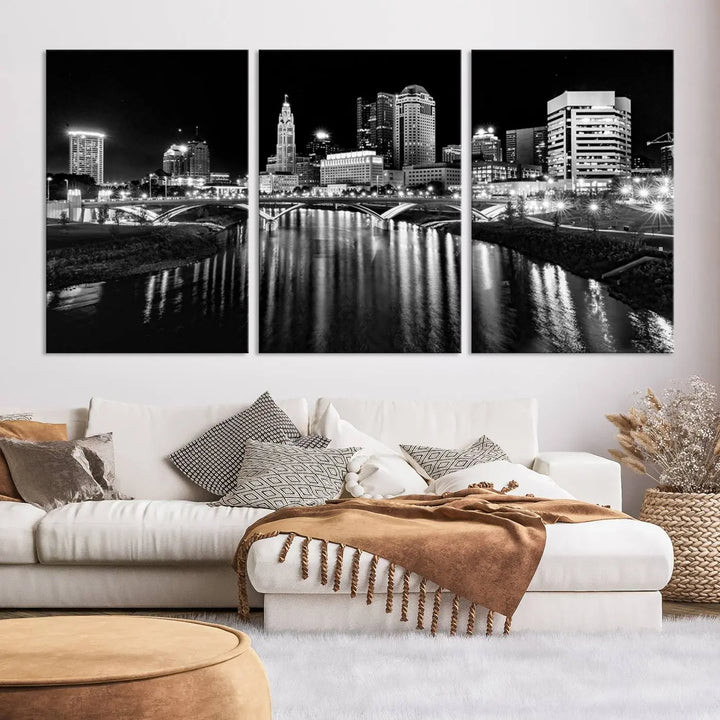 The living room features a Columbus City Lights Skyline Black and White Wall Art Cityscape Canvas Print, framed in hand-assembled frames.