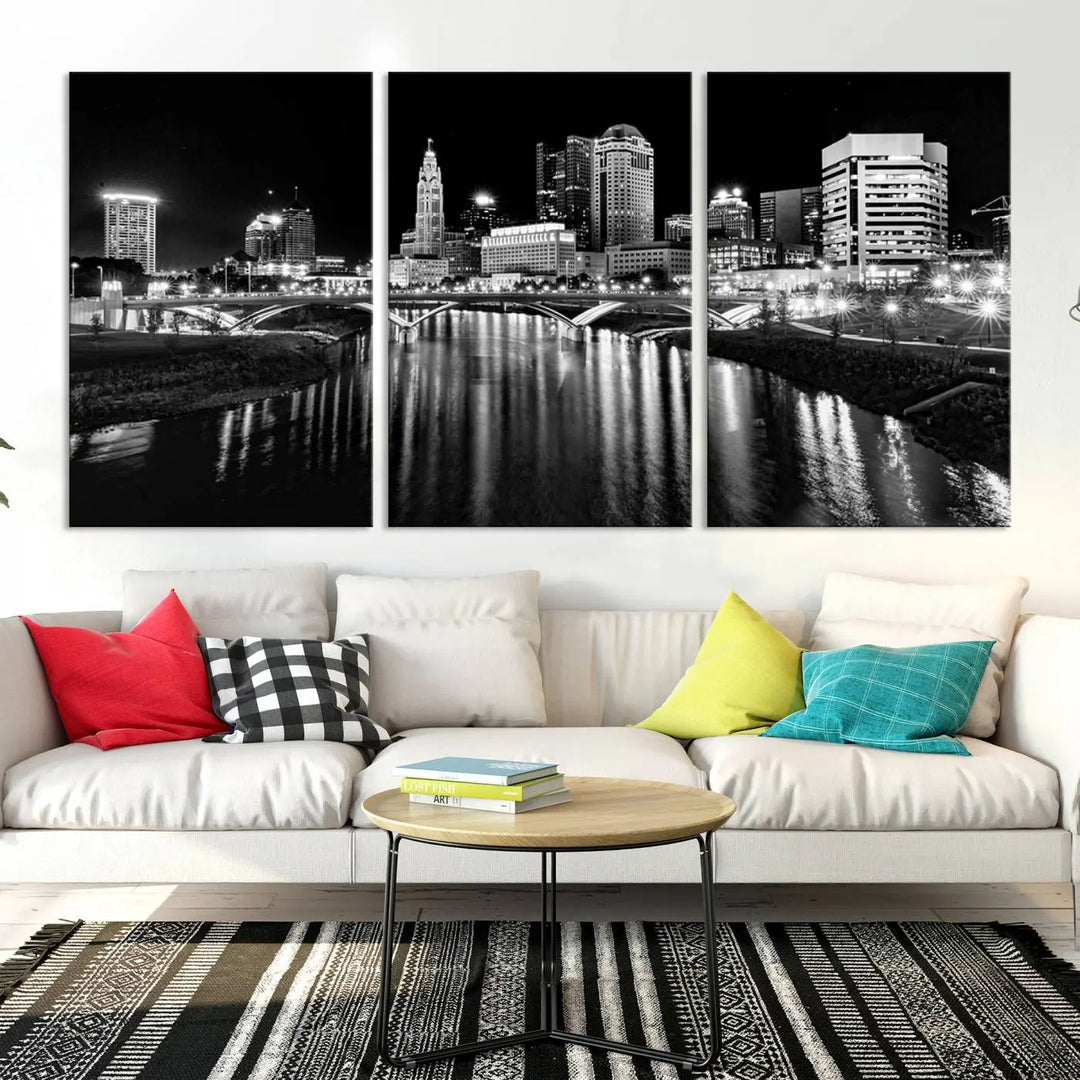 The living room features a Columbus City Lights Skyline Black and White Wall Art Cityscape Canvas Print, framed in hand-assembled frames.