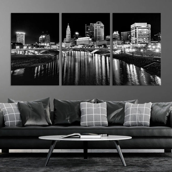 The living room features a Columbus City Lights Skyline Black and White Wall Art Cityscape Canvas Print, framed in hand-assembled frames.