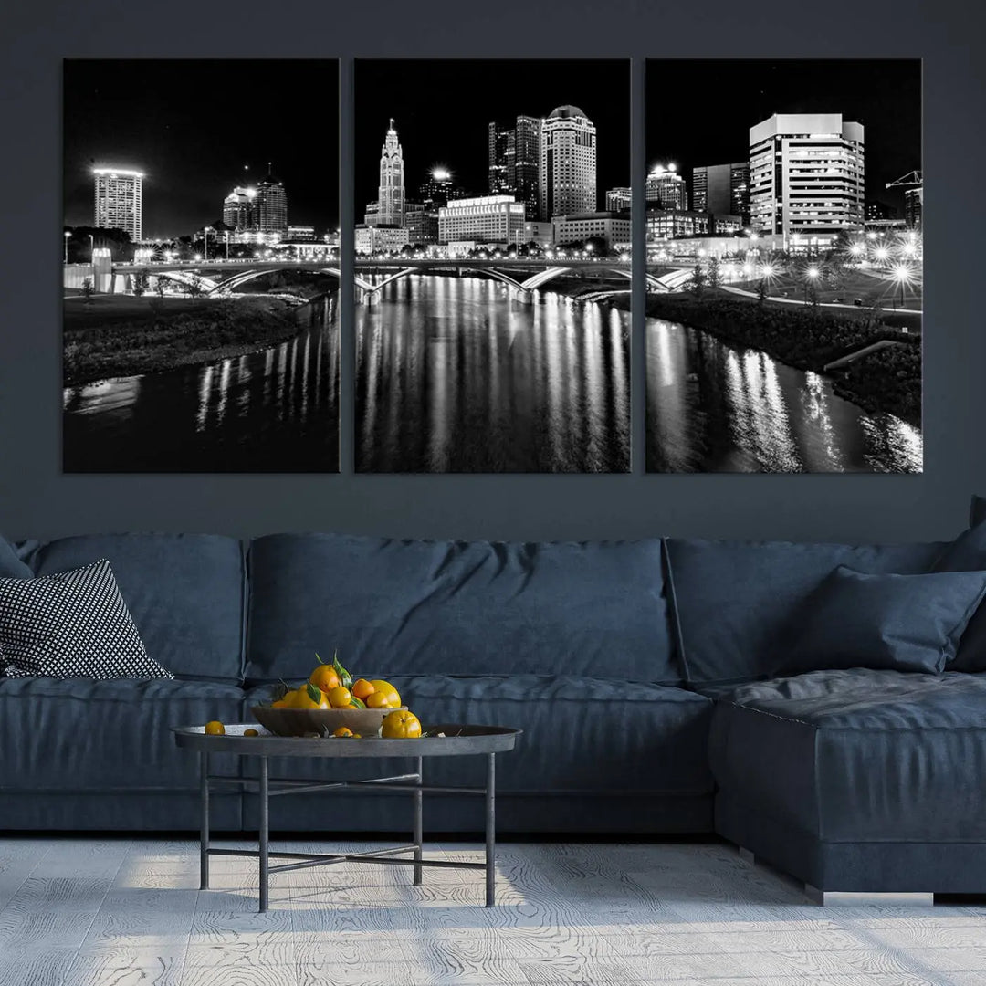 The living room features a Columbus City Lights Skyline Black and White Wall Art Cityscape Canvas Print, framed in hand-assembled frames.