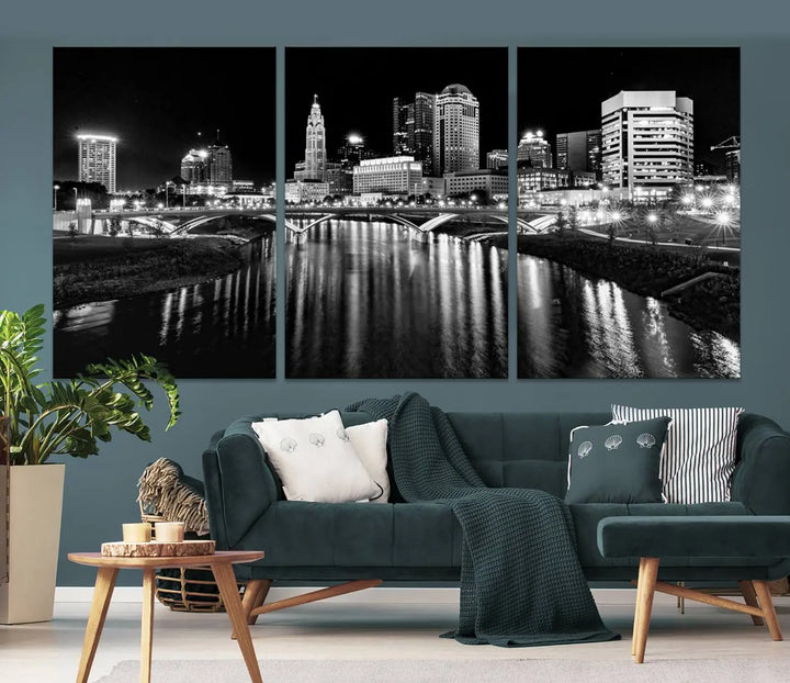 The living room features a Columbus City Lights Skyline Black and White Wall Art Cityscape Canvas Print, framed in hand-assembled frames.