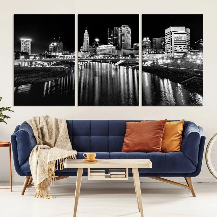 The living room features a Columbus City Lights Skyline Black and White Wall Art Cityscape Canvas Print, framed in hand-assembled frames.