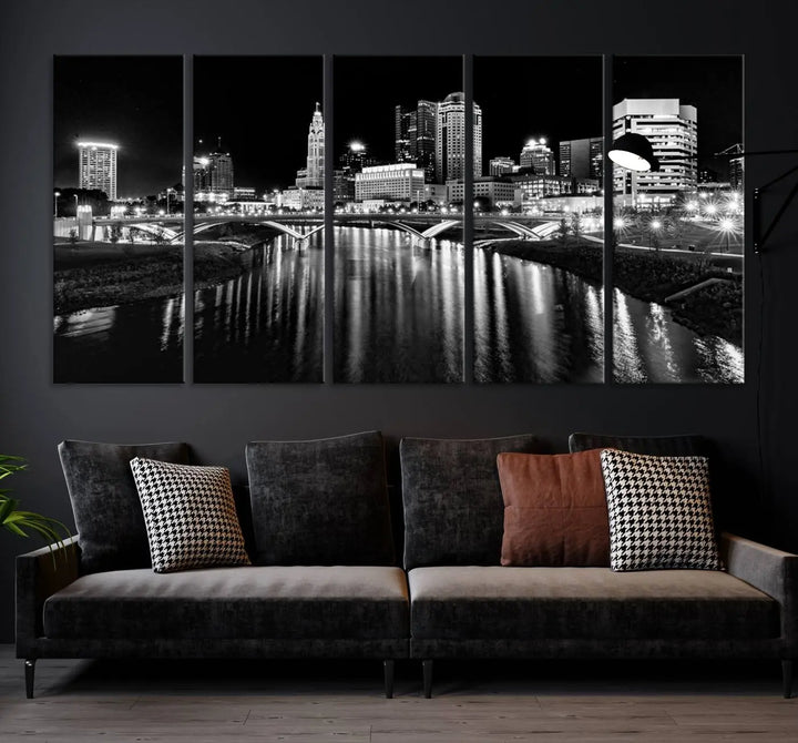 The living room features a Columbus City Lights Skyline Black and White Wall Art Cityscape Canvas Print, framed in hand-assembled frames.